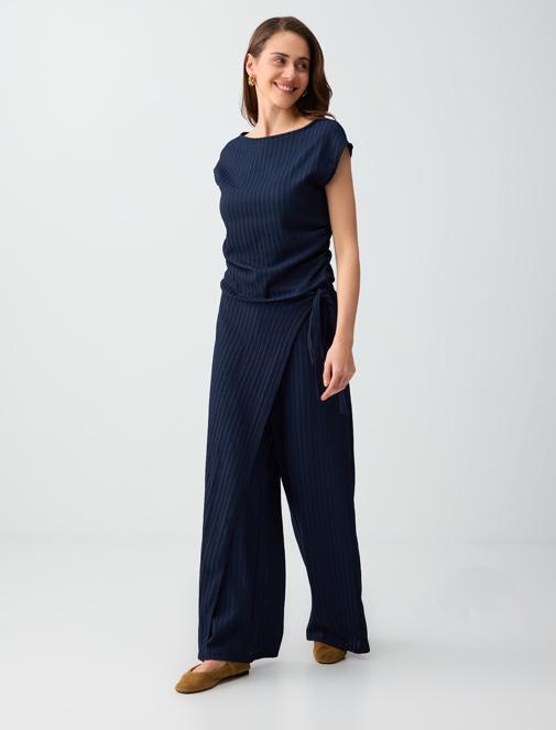 Normal Bel Normal Paça Çizgili Uzun Örme Pantolon