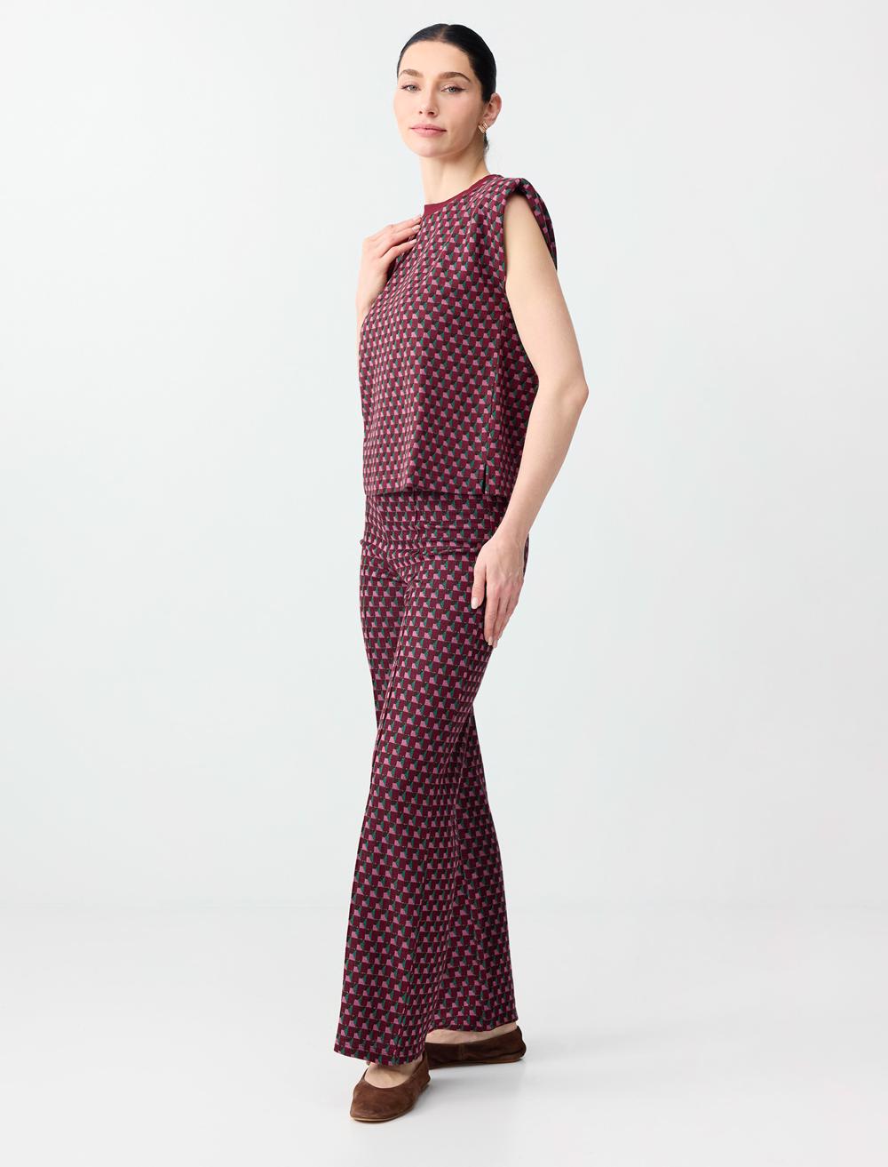 Geometrik Desenli Beli Lastikli Uzun Örme Pantolon