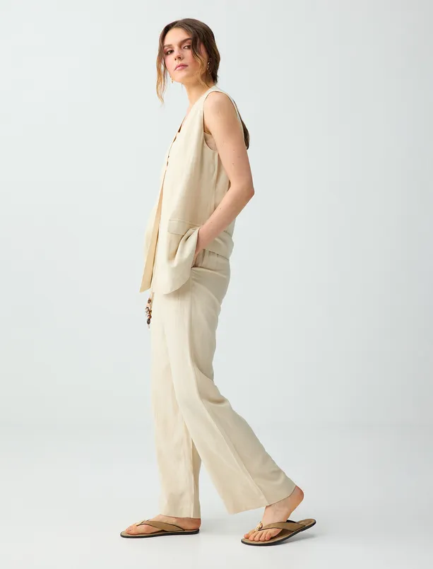 Bayan  Keten Karışımlı Normal Bel Dokuma Pantolon