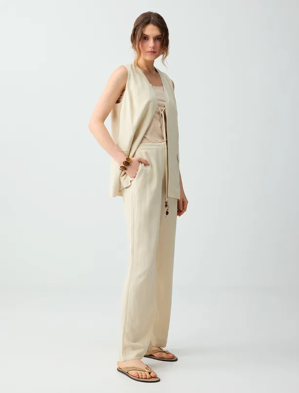 Bayan Bej Keten Karışımlı Normal Bel Dokuma Pantolon