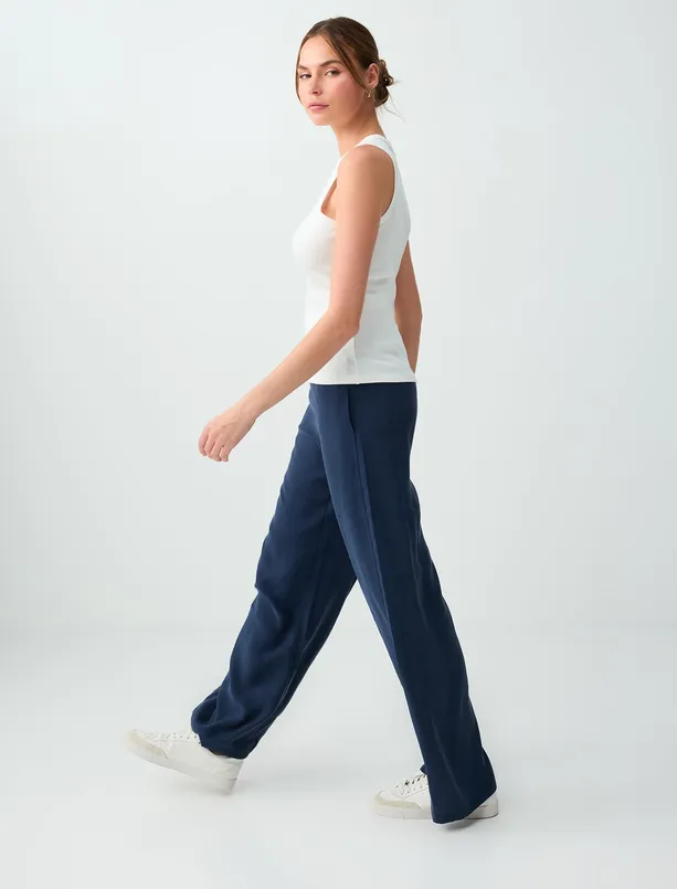 Women Dark Blue Regular Waist Long Length Woven Pants
