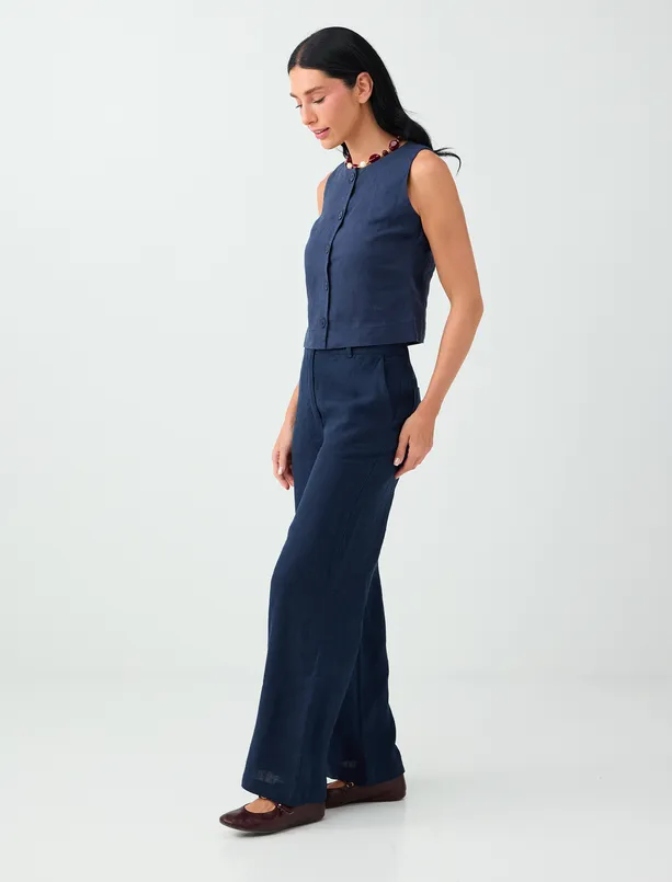 Women Dark Blue 100% Linen Regular Waist Woven Pants