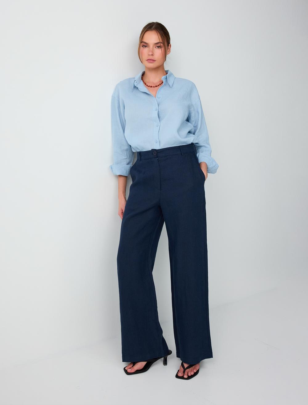 %100 Keten Normal Bel Dokuma Pantolon