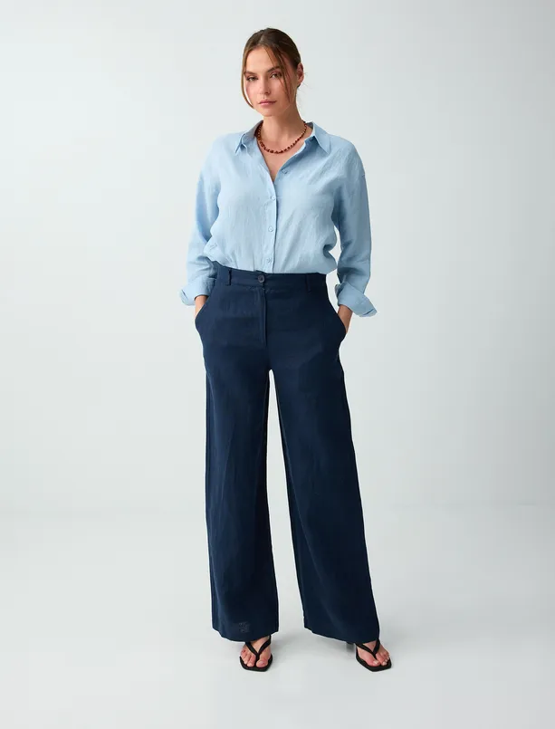 Bayan Lacivert %100 Keten Normal Bel Dokuma Pantolon