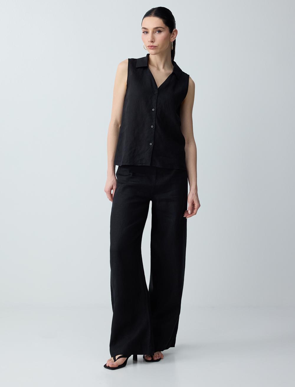 %100 Keten Normal Paça Normal Bel Uzun Pantolon