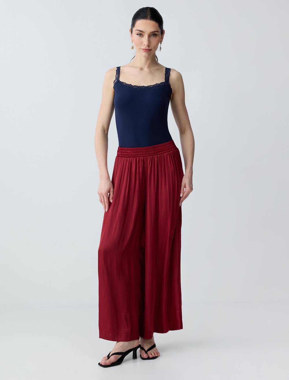 Yüksek Bel Bol Paça Saten Uzun Dokuma Pantolon