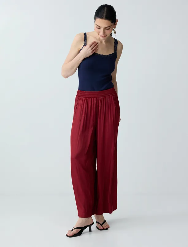 Bayan Bordo Yüksek Bel Bol Paça Saten Uzun Dokuma Pantolon