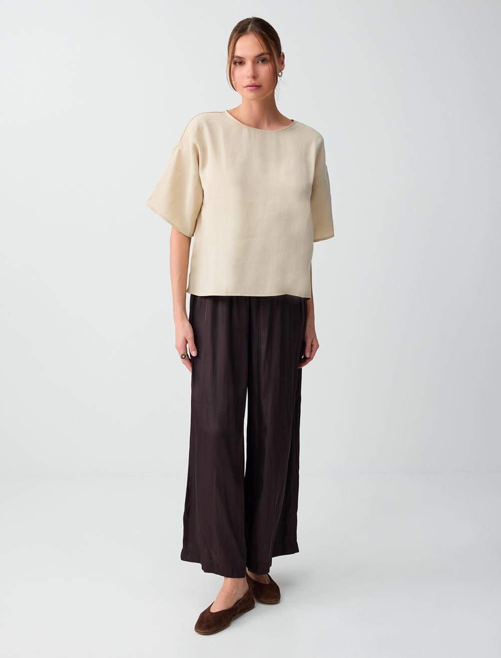 Yüksek Bel Bol Paça Saten Uzun Dokuma Pantolon