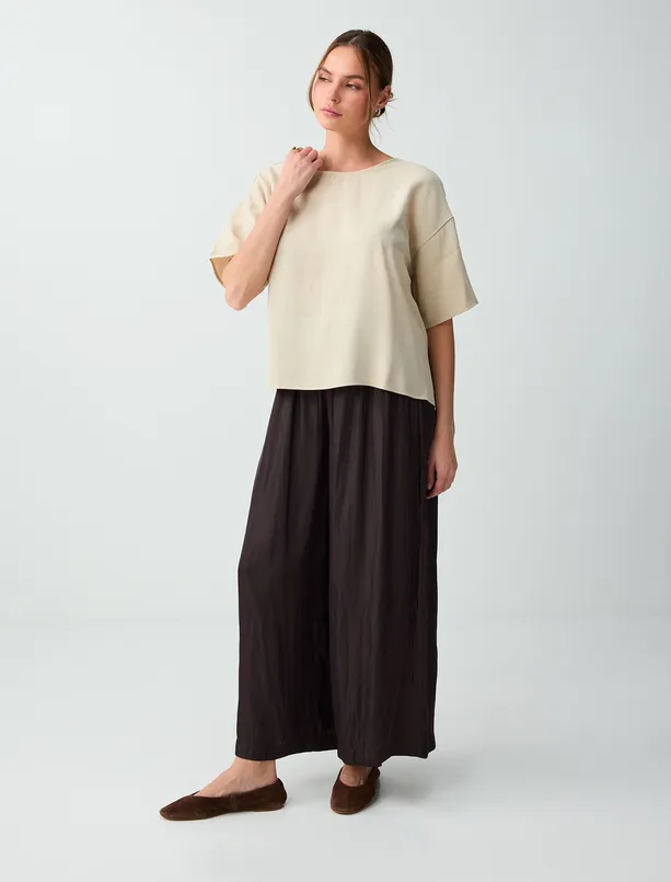 Bayan Kahverengi Yüksek Bel Bol Paça Saten Uzun Dokuma Pantolon