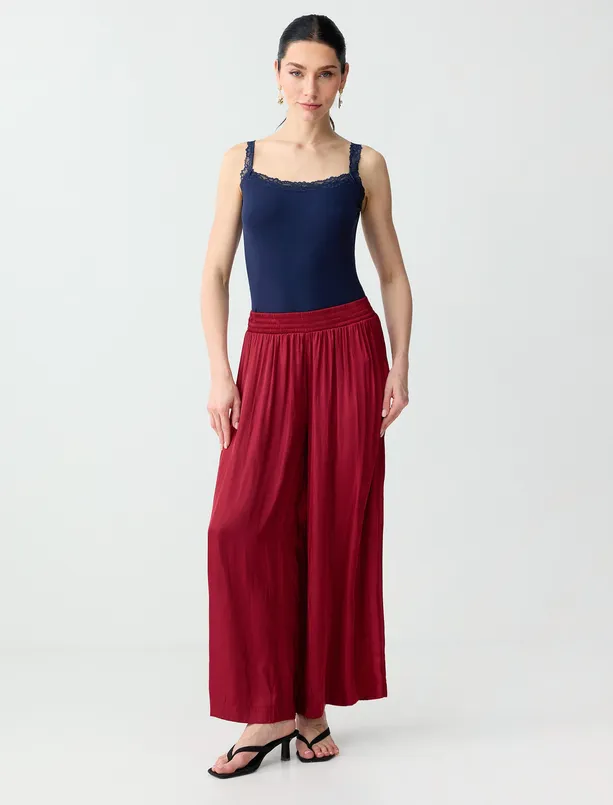 Bayan  Yüksek Bel Bol Paça Saten Uzun Dokuma Pantolon