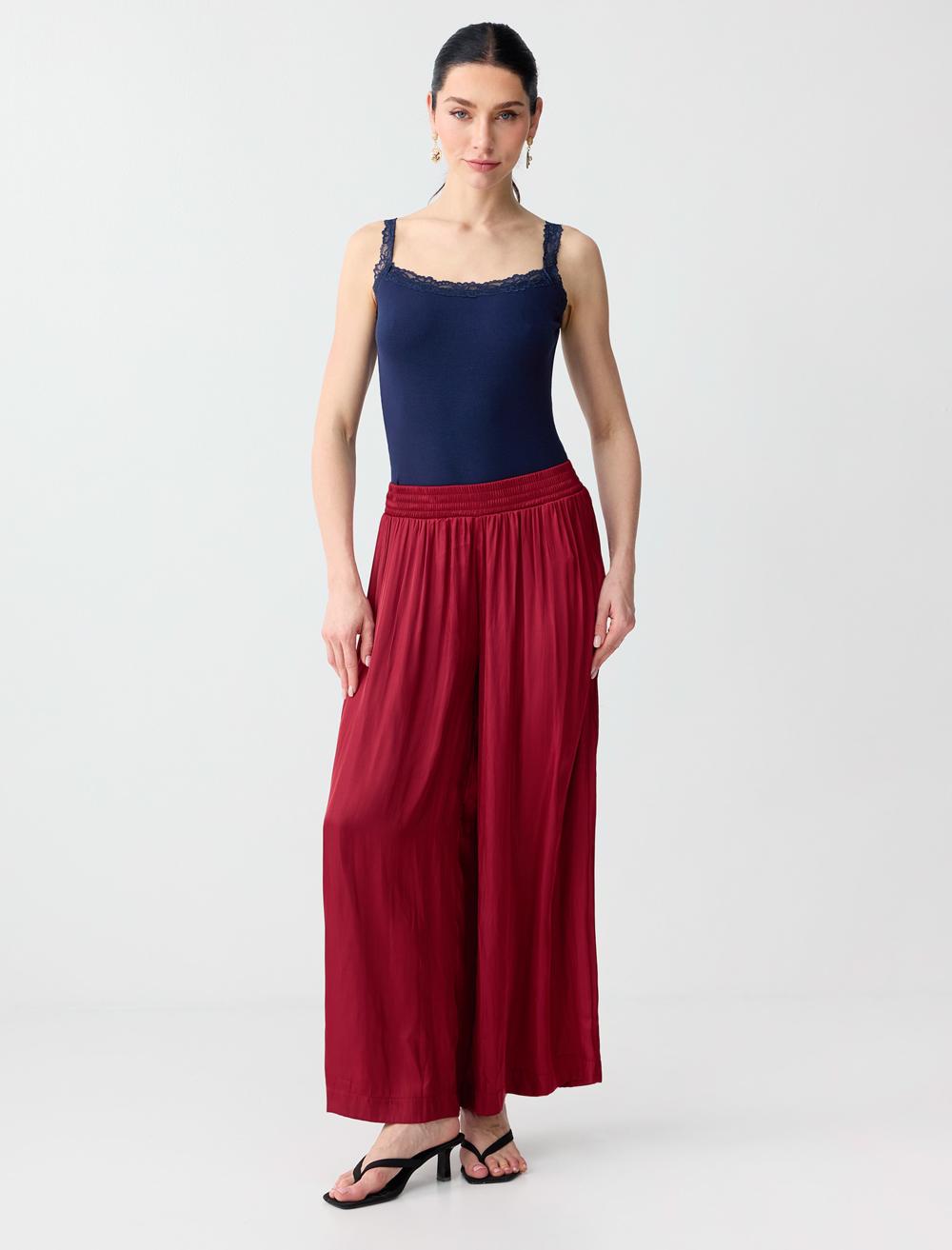 Yüksek Bel Bol Paça Saten Uzun Dokuma Pantolon