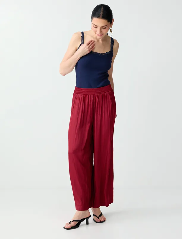 Bayan Bordo Yüksek Bel Bol Paça Saten Uzun Dokuma Pantolon