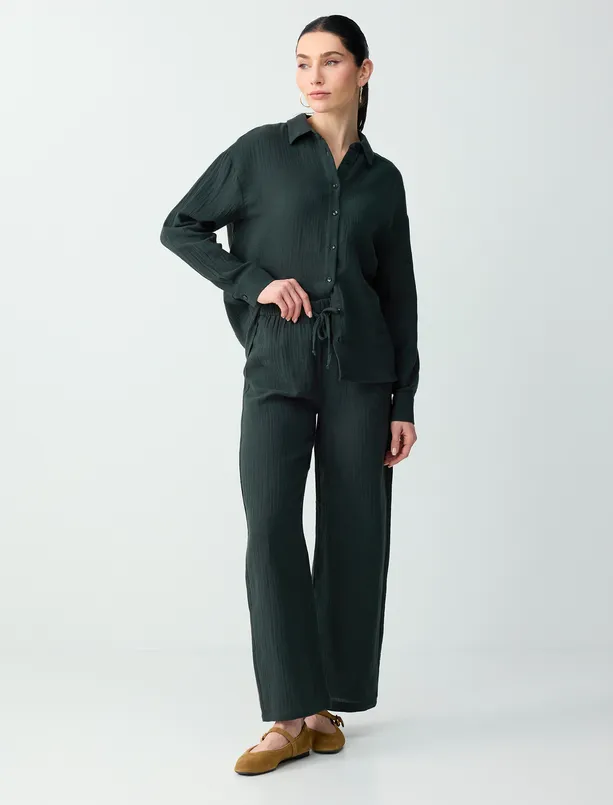 Bayan  %100 Pamuk Normal Bel Bağcıklı Uzun Dokuma Pantolon