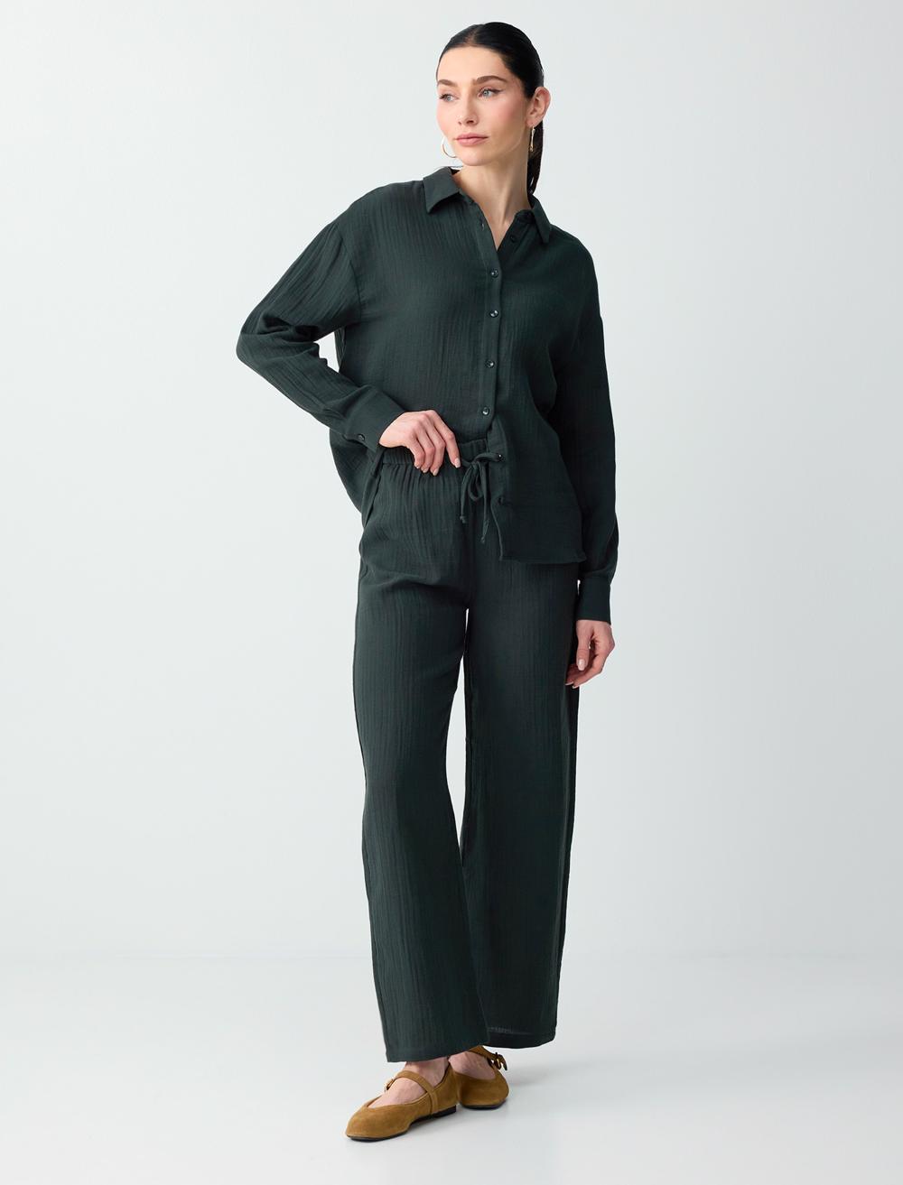 %100 Pamuk Normal Bel Bağcıklı Uzun Dokuma Pantolon