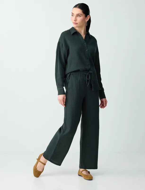 Bayan Koyu Yeşil %100 Pamuk Normal Bel Bağcıklı Uzun Dokuma Pantolon