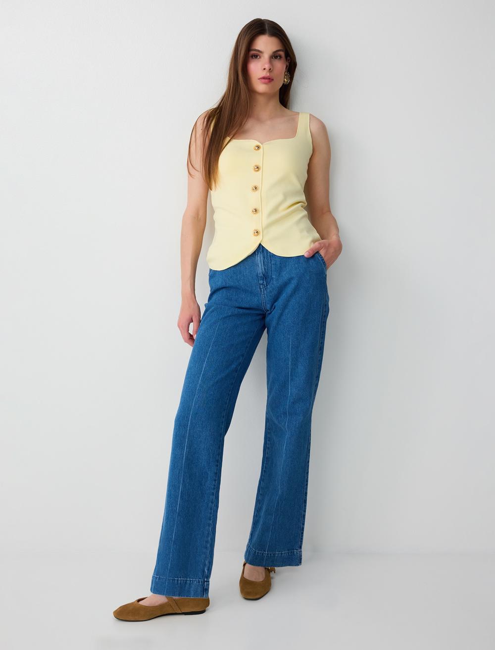 %100 Pamuk Yüksek Bel Denim Pantolon
