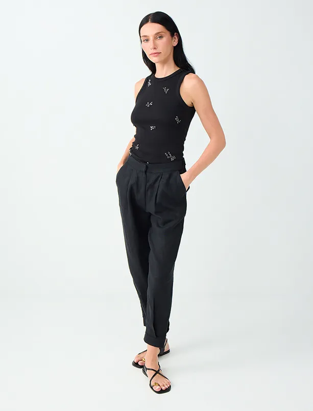 Women  100% Linen High-Waisted Pants with Cuffed Legs