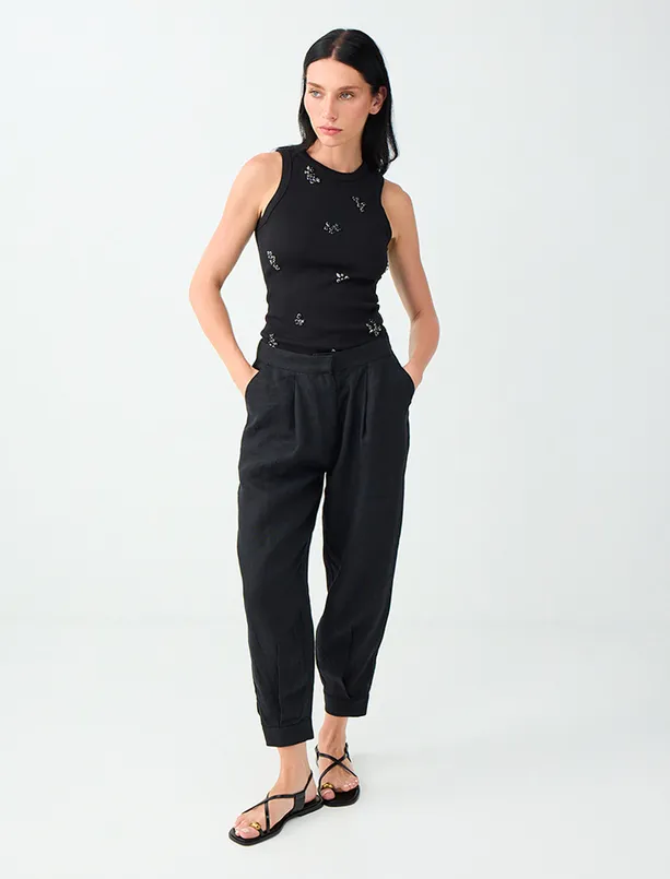 Women Black 100% Linen High-Waisted Pants with Cuffed Legs