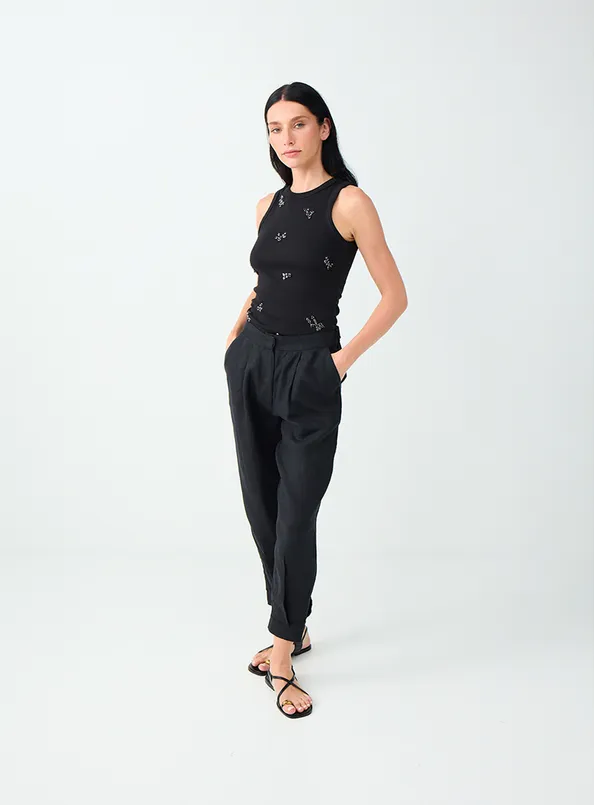 Women  100% Linen High-Waisted Pants with Cuffed Legs
