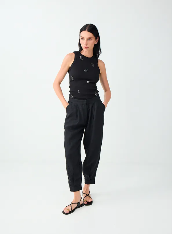 Women Black 100% Linen High-Waisted Pants with Cuffed Legs