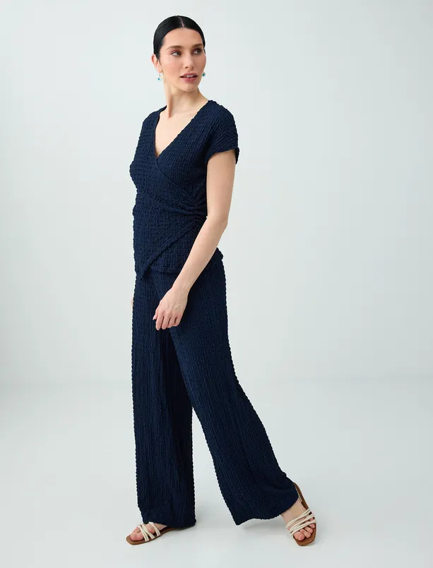 Bayan Lacivert Normal Bel Dokulu Örme Pantolon