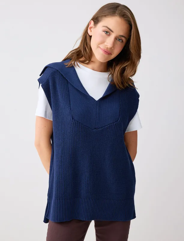 Women Dark Blue Relaxed Fit V-Neck Sweater Sweater