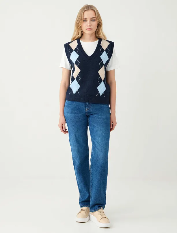 Bayan Lacivert Baklava Desenli V Yaka Triko Süveter