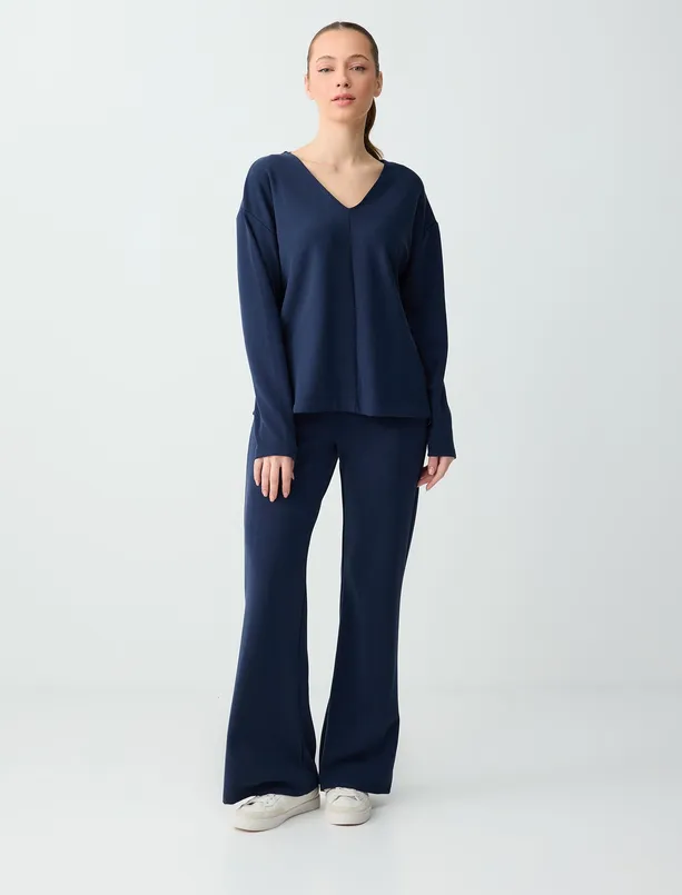 Bayan Lacivert V Yaka Uzun Kollu Modal Örme Sweatshirt
