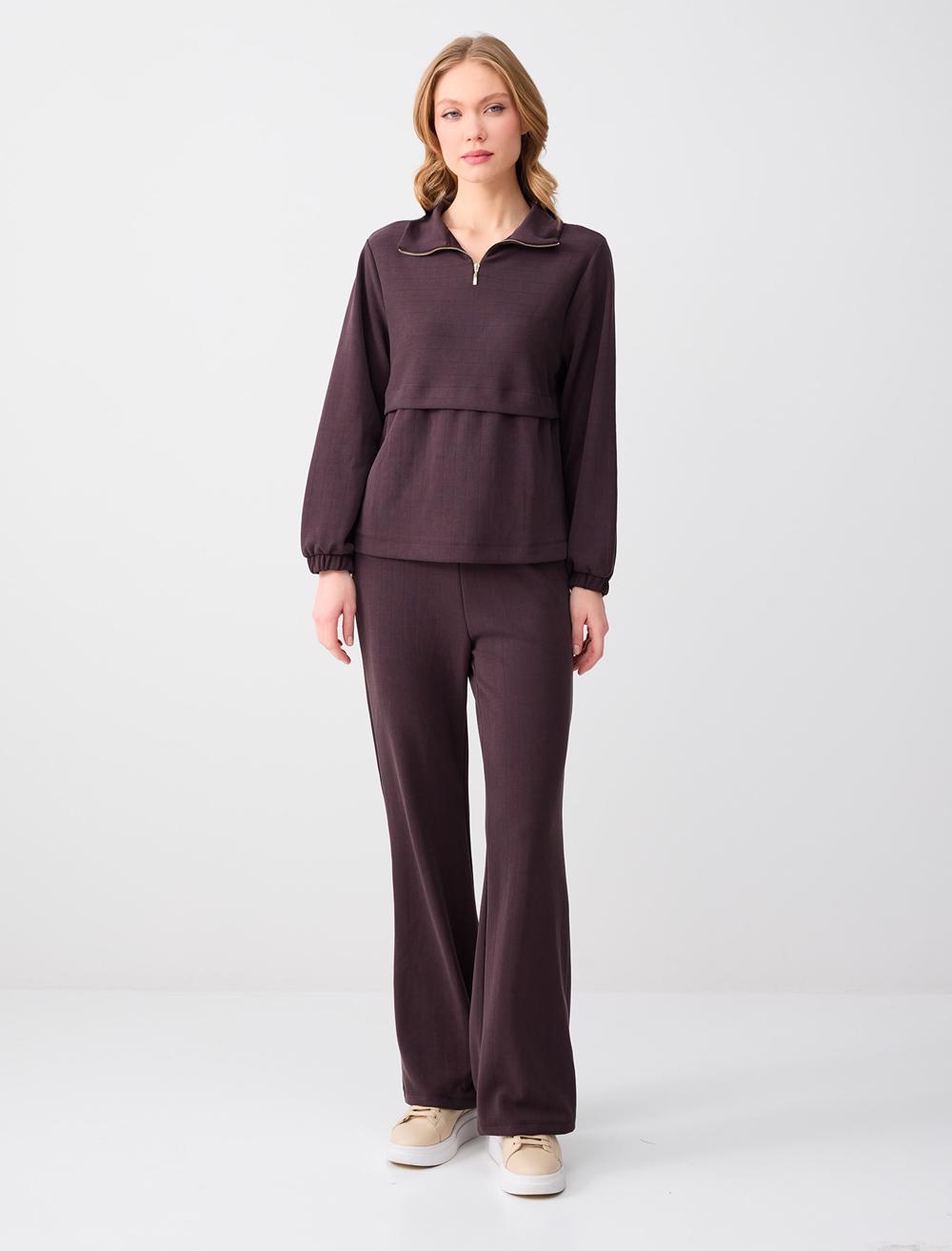 Uzun Kollu Dik Yaka Örme Modal Sweatshirt