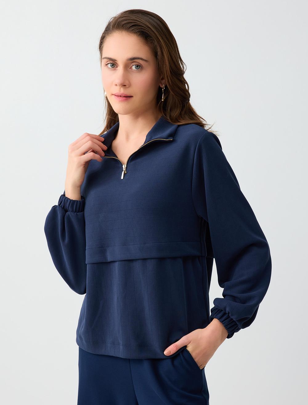 Uzun Kollu Dik Yaka Örme Modal Sweatshirt