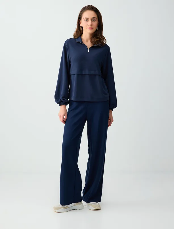 Bayan Lacivert Uzun Kollu Dik Yaka Örme Modal Sweatshirt