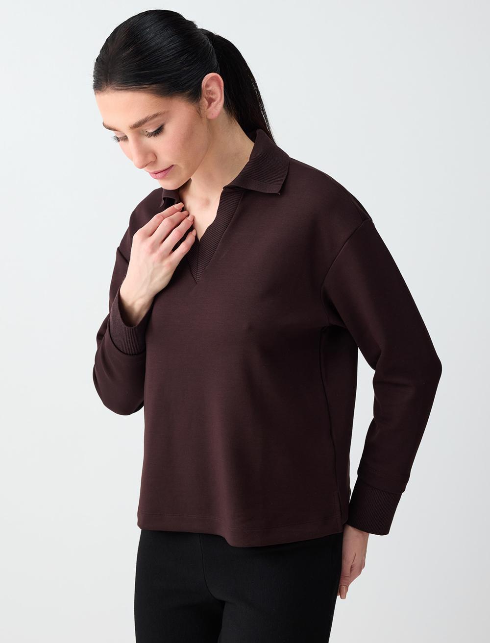 Polo Yaka Uzun Kollu Modal Örme Sweatshirt