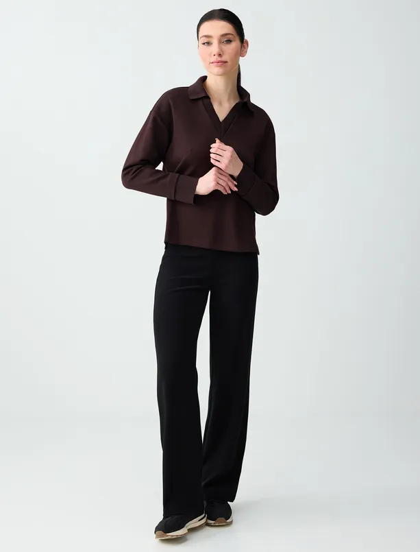 Bayan Kahverengi Polo Yaka Uzun Kollu Modal Örme Sweatshirt