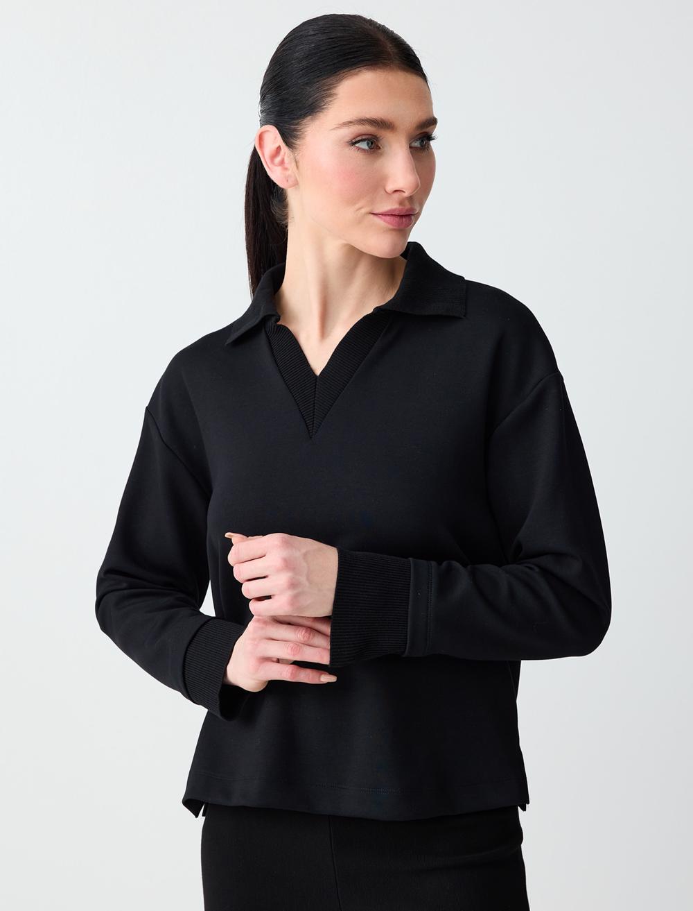 Polo Yaka Uzun Kollu Modal Örme Sweatshirt