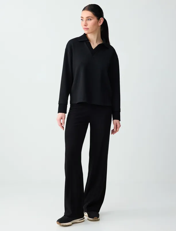 Bayan Siyah Polo Yaka Uzun Kollu Modal Örme Sweatshirt