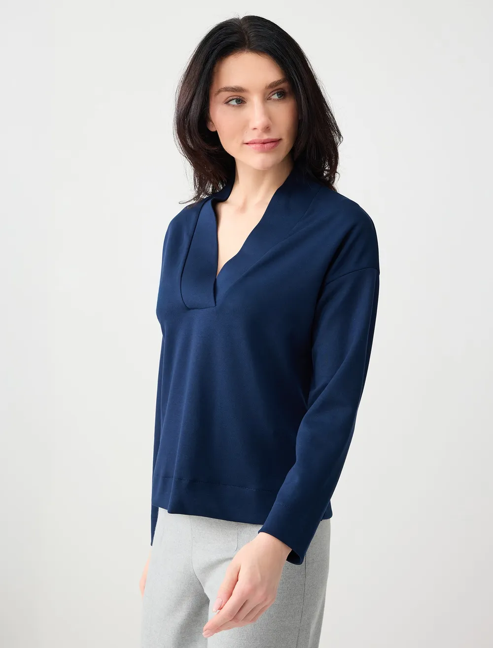 Lacivert Rahat Kesim V Yaka Modal Örme Sweatshirt