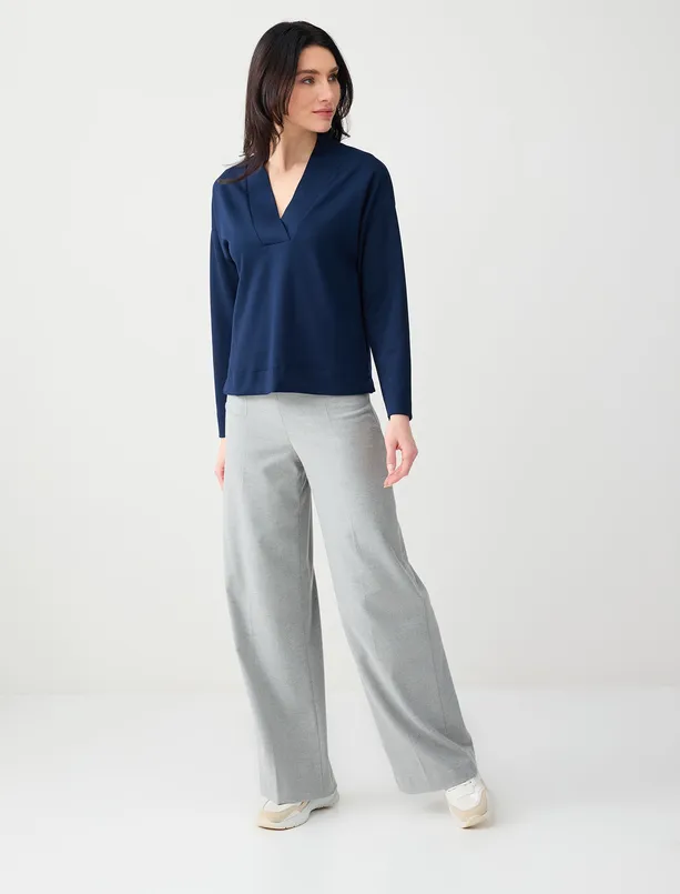 Bayan Lacivert Rahat Kesim V Yaka Modal Örme Sweatshirt