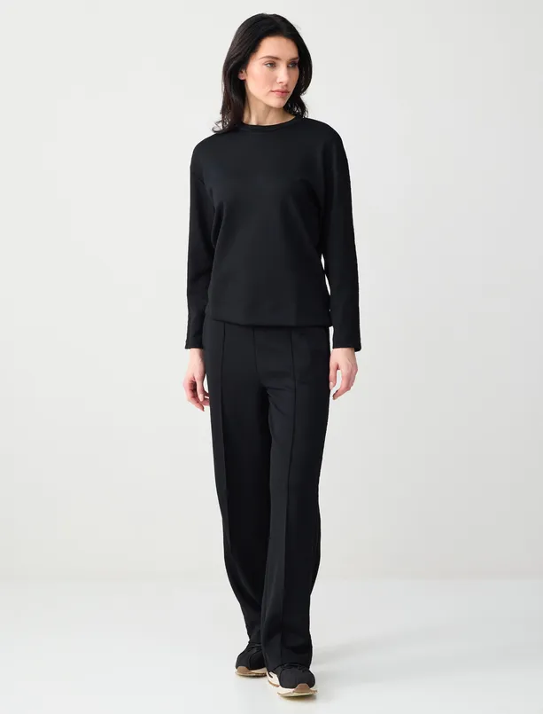 Bayan Siyah Rahat Kesim Bisiklet Yaka Örme Modal Sweatshirt
