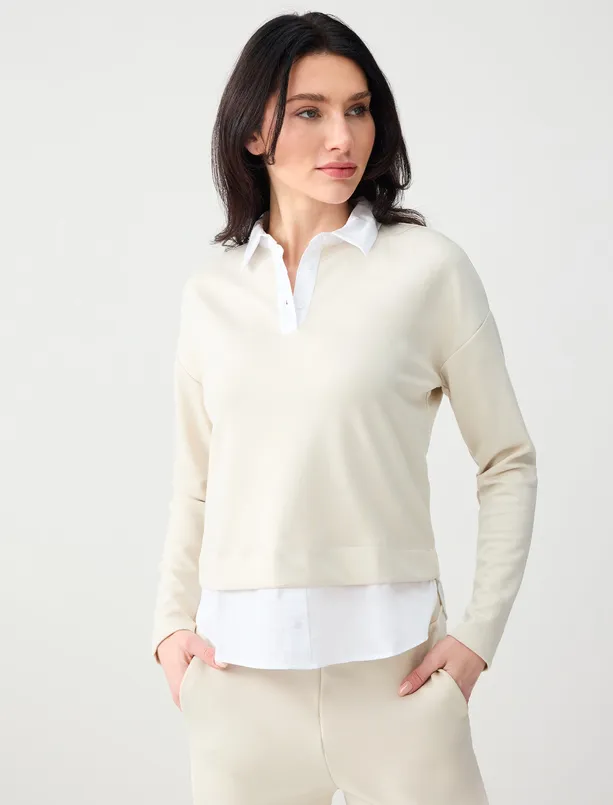 Bayan Bej Gömlek Yaka Uzun Kollu Modal Örme Sweatshirt