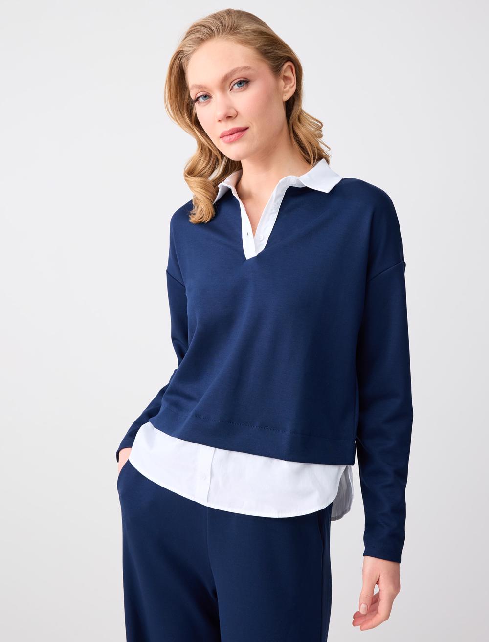 Gömlek Yaka Uzun Kollu Modal Örme Sweatshirt