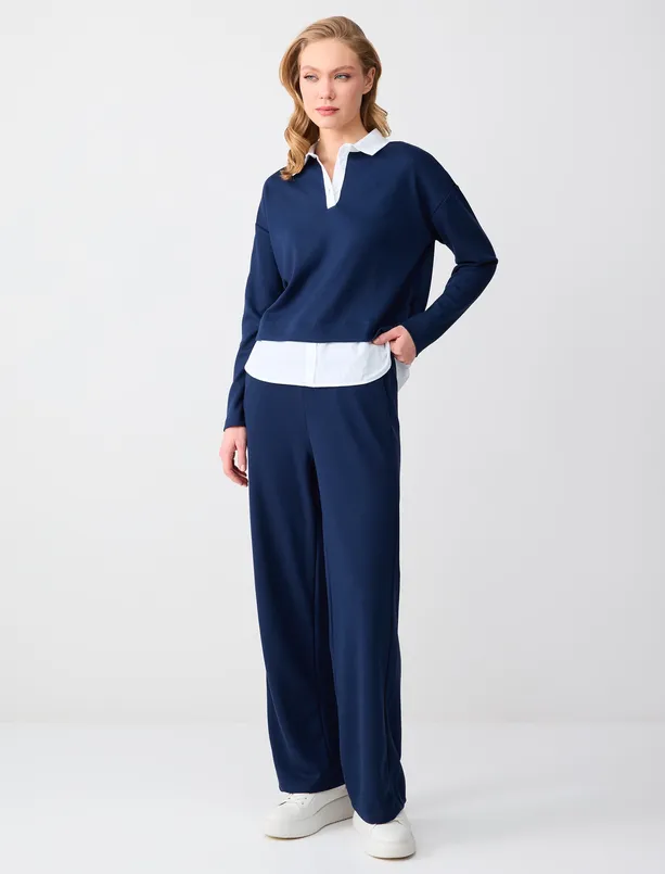 Bayan Lacivert Gömlek Yaka Uzun Kollu Modal Örme Sweatshirt