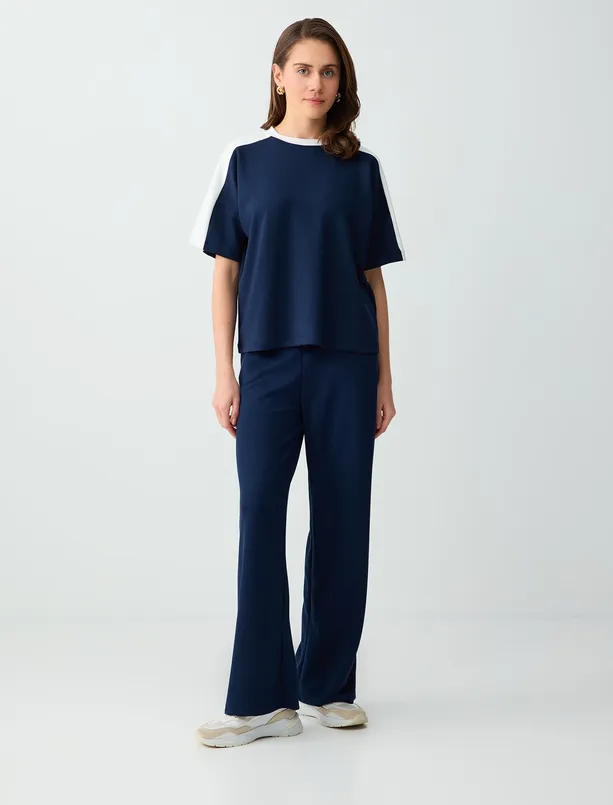 Bayan Lacivert Rahat Kesim Dirsek Kol Modal Örme Sweatshirt