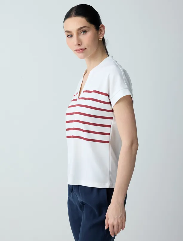 Bayan  Çizgi Desenli Kolsuz V Yaka Örme Sweatshirt