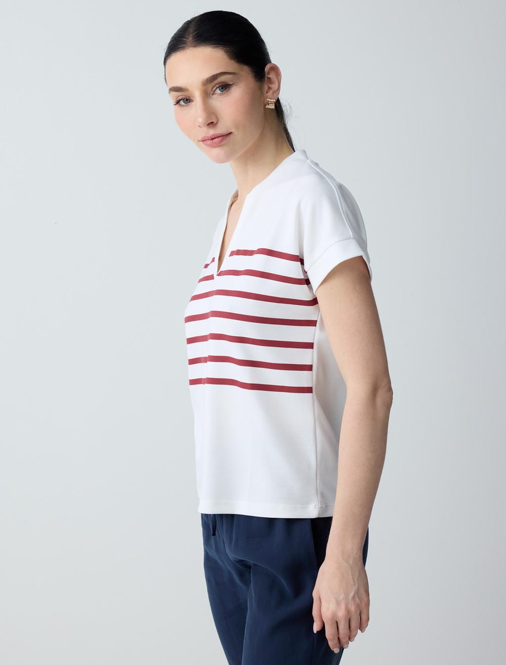 Çizgi Desenli Kolsuz V Yaka Örme Sweatshirt