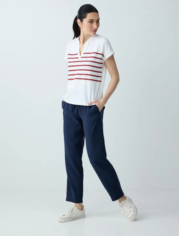 Bayan Kırmızı Çizgi Desenli Kolsuz V Yaka Örme Sweatshirt