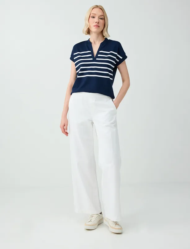 Women Dark Blue Line Patterned Sleeveless V-Neck Knitted Sweatshirt
