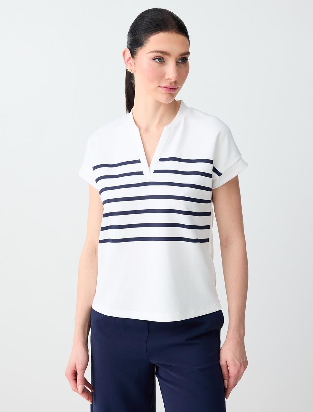 Çizgi Desenli Kolsuz V Yaka Örme Sweatshirt