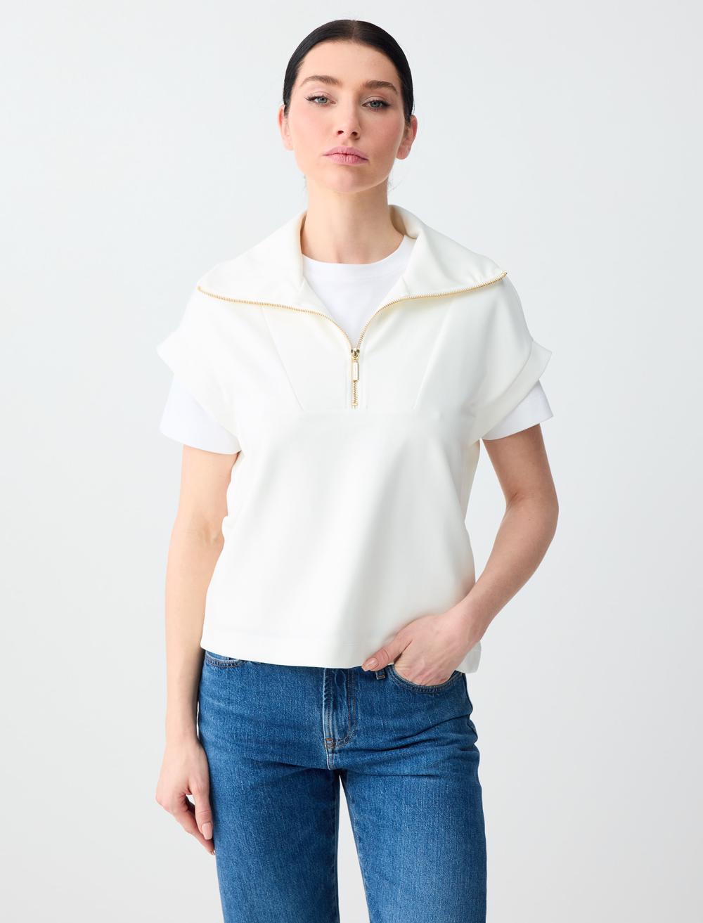 Fermuarlı Balıkçı Yaka Kolsuz Örme Sweatshirt