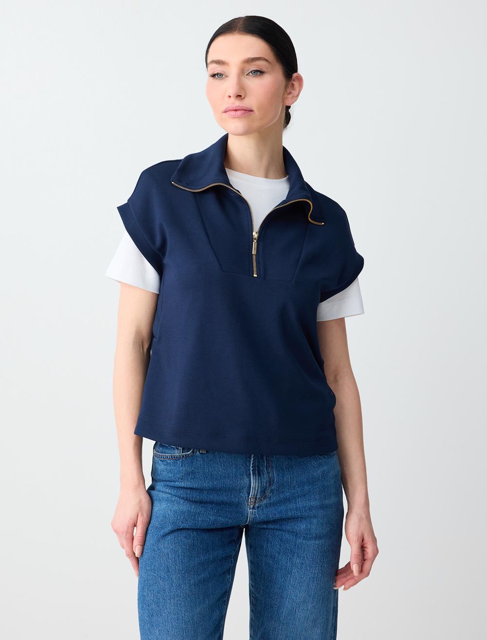 Fermuarlı Balıkçı Yaka Kolsuz Örme Sweatshirt