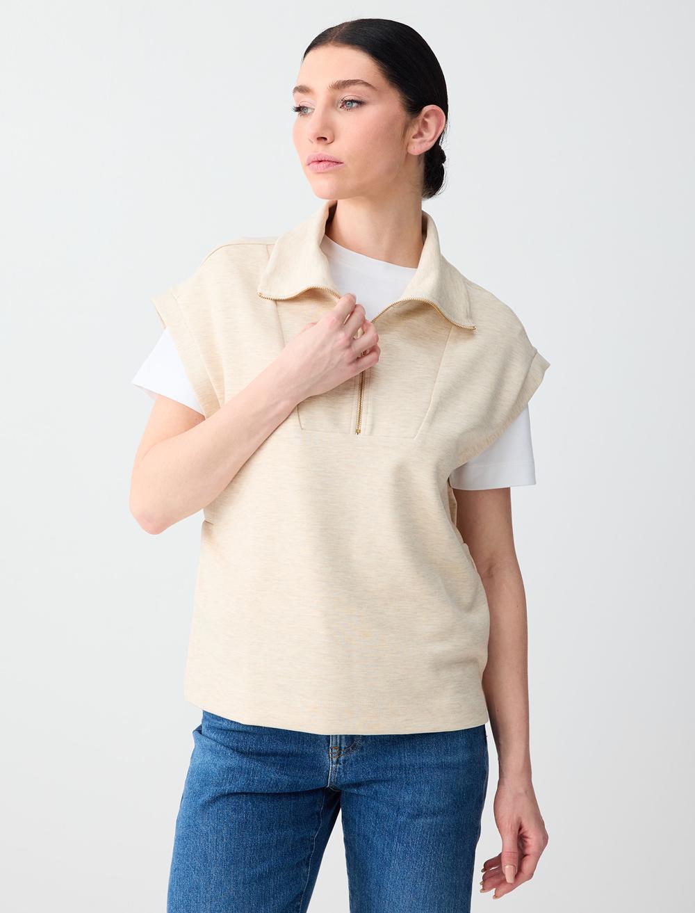 Rahat Kesim Dik Yaka Düşük Omuz Örme Sweatshirt